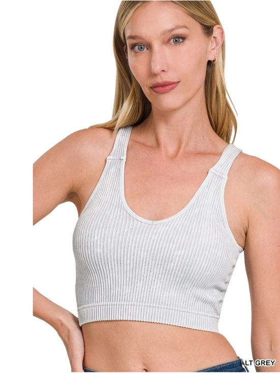Zenana Outfitters Tops - Zenana Bailey Washed Seamless Cropped V-Neck Bra Padded Tank Top Lt Grey S/M
